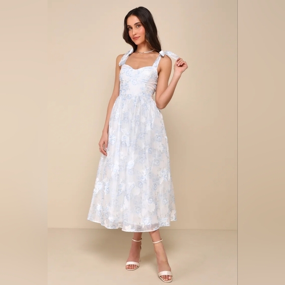 Lulus Beautifully Adored White Floral Burnout Tie-Strap Midi Dress XL Wedding - Picture 2 of 9